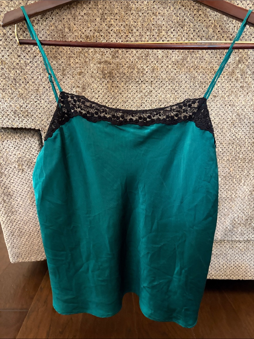 Victoria's Secret Teal Green 100% silk Cami w/ Black Lace Trim, Large